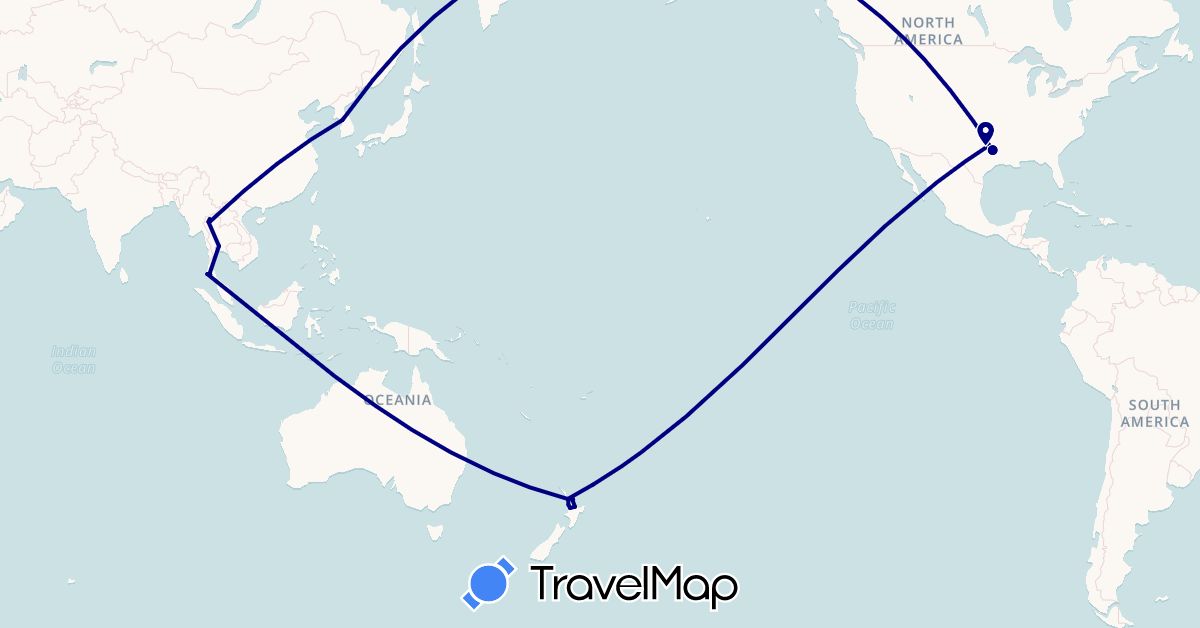 TravelMap itinerary: driving in South Korea, New Zealand, Thailand, United States (Asia, North America, Oceania)